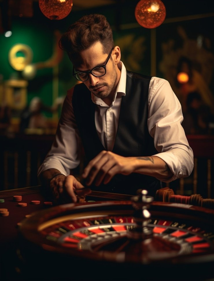 Suasana meja Caribbean Stud Poker langsung di studio depo89 dengan dealer profesional